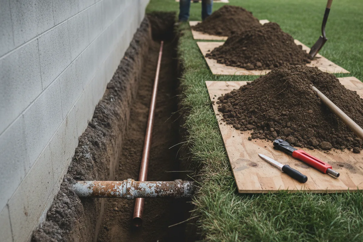 Excavated water line trench during Sewer Line Repair in Roanoke
